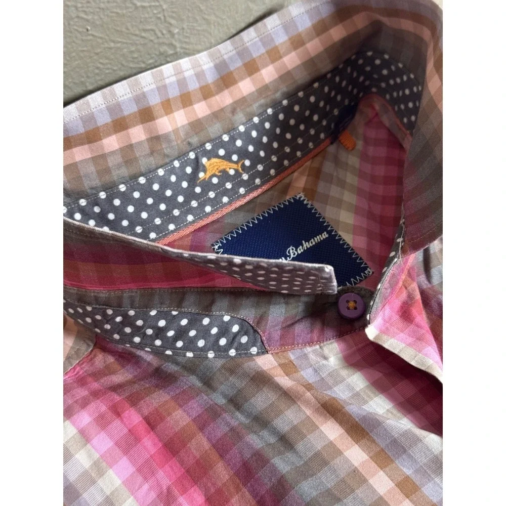 Tommy Bahama Mens XL Plaid Long Sleeve Button‎ Down Shirt Pink Brown Gray Cotton